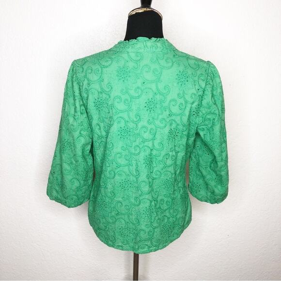Soft Surroundings green eyelet floral balloon sleeve button down top size Medium - Picture 13 of 13